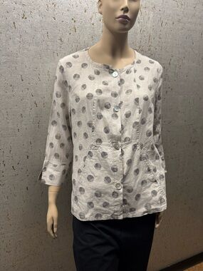 Habitat Art-to-wear, 100% linen top, Ecru with Black Polka- Dots.
